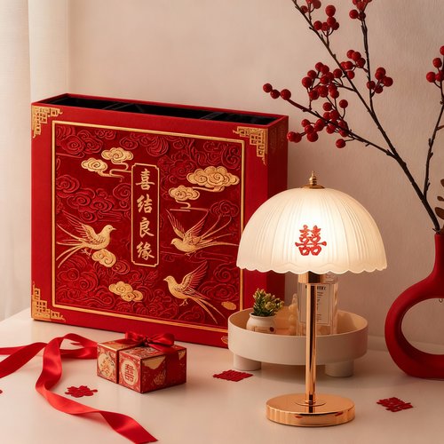 中式喜字台灯红色婚庆礼盒摆件