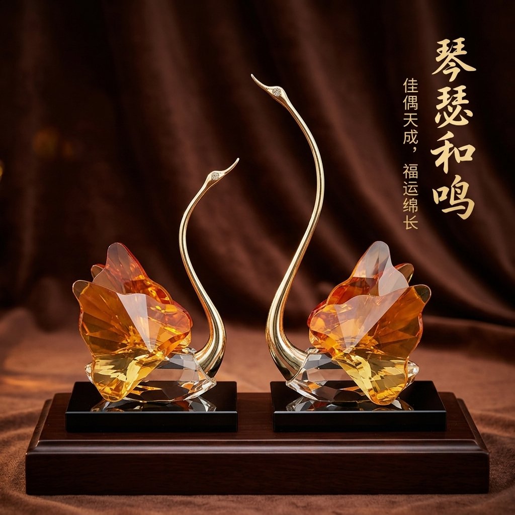 佳偶天成琥珀色金颈天鹅摆件相对曲颈福运绵长新婚礼赠床头柜装饰