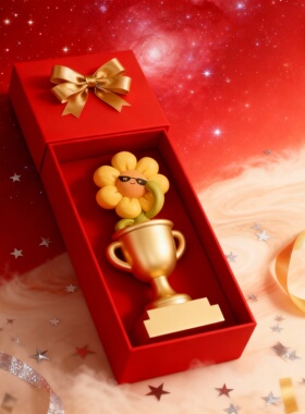 创意向日葵奖杯造型红色礼盒摆件