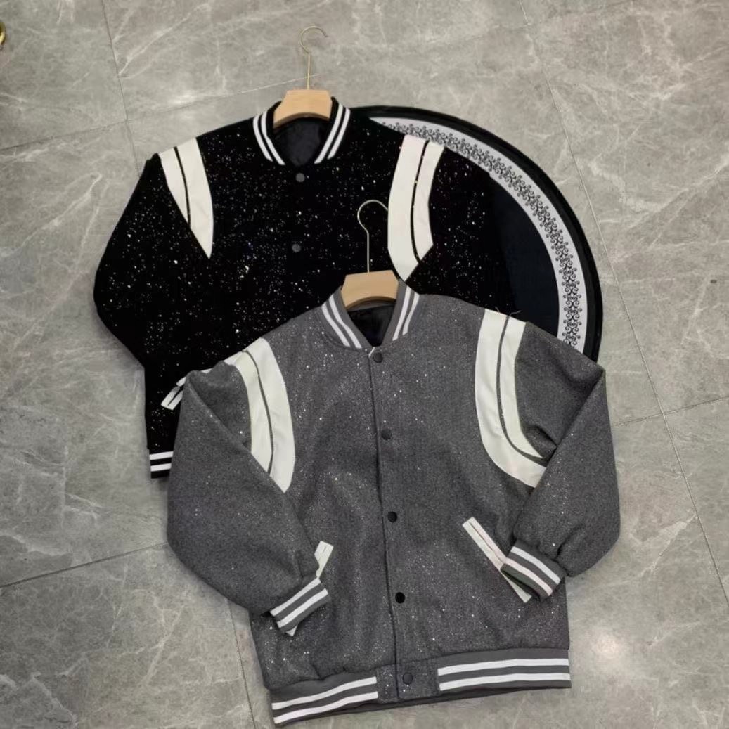 春秋新款设计复古拼接棒球服外套带钻满天星棒球服亮晶晶夹克男女