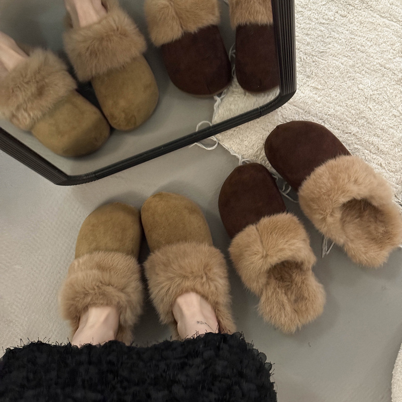 毛毛拖鞋女外穿2025新款冬季百搭厚底一脚蹬懒人鞋复古保暖包头拖