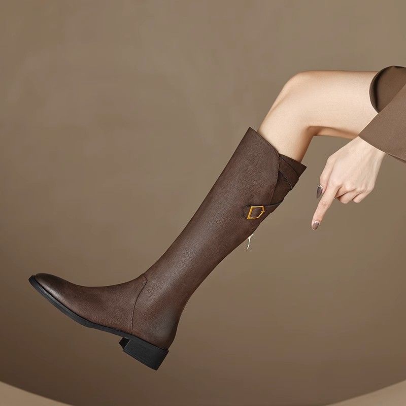 显腿直显瘦女长靴秋冬2024不过膝软皮骑士靴半拉链扣带低跟方头靴