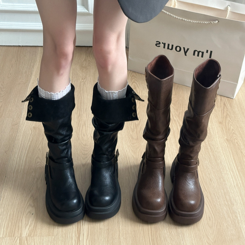两穿不过膝长筒靴女2025新款英伦风粗跟厚底带扣骑士靴时装靴潮