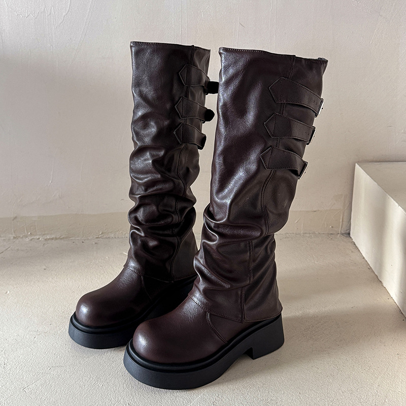 美拉德褶皱堆堆长筒靴女2025新款松糕厚底裤管靴不过膝高筒骑士靴