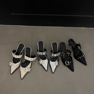 女 新款 银色细跟高跟鞋 百搭显瘦御姐朋克风铆钉凉鞋 一字带包头拖鞋