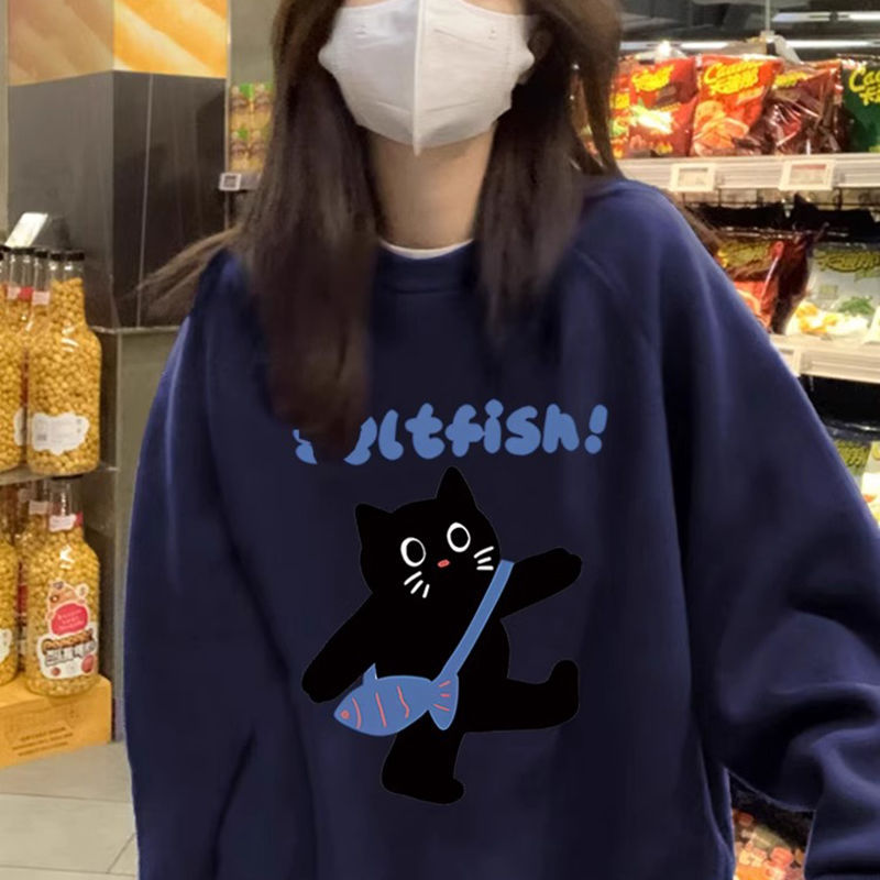 2024新爆款卡通圆领卫衣女oversize宽松加绒加厚无帽套头上衣服