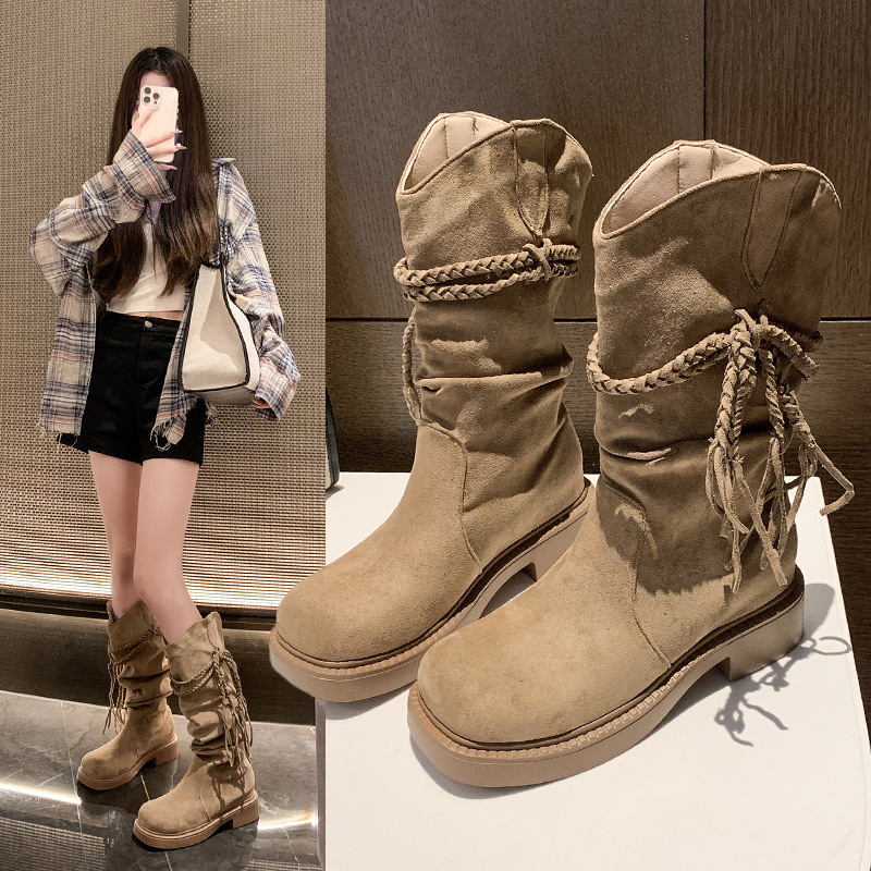 褶皱弹力靴女2025新款复古粗跟厚底骑士靴小众设计感瘦瘦骑士靴潮