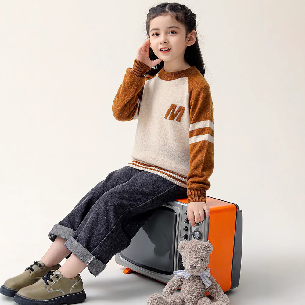 100%儿童新款羊毛衫男童圆领M字母拼色针织衫女童保暖百搭打底衫