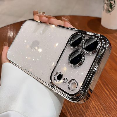 适用iPhone16Promax苹果15星空闪透明小众手机壳电镀PC镜头膜硬壳