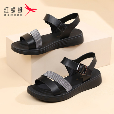 红蜻蜓女鞋夏季平底黑色沙滩鞋