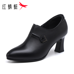 红蜻蜓女鞋秋冬新款鞋子女士尖头高跟鞋休闲皮鞋女款真皮增高裸靴