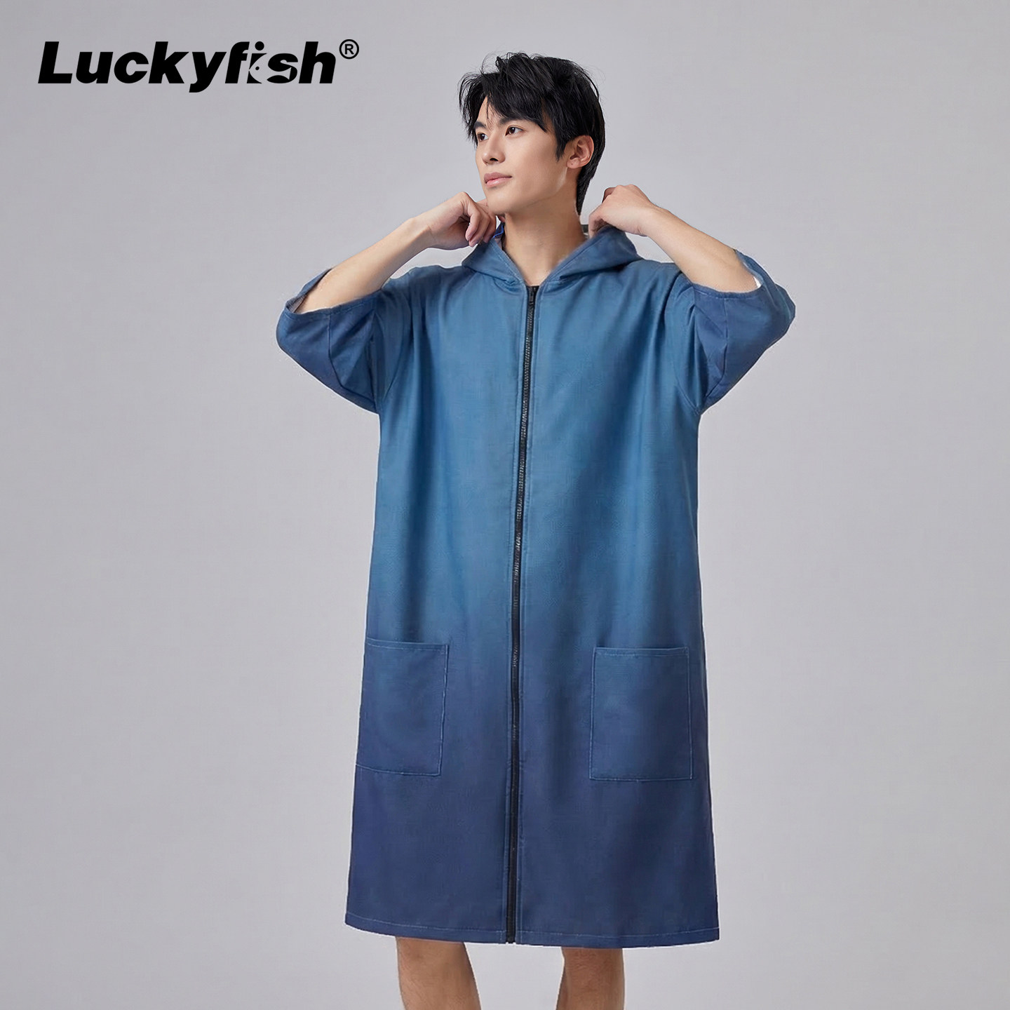 Luckyfish新款速干潜水斗篷连帽拉链口袋游泳浴袍吸水可穿式浴巾