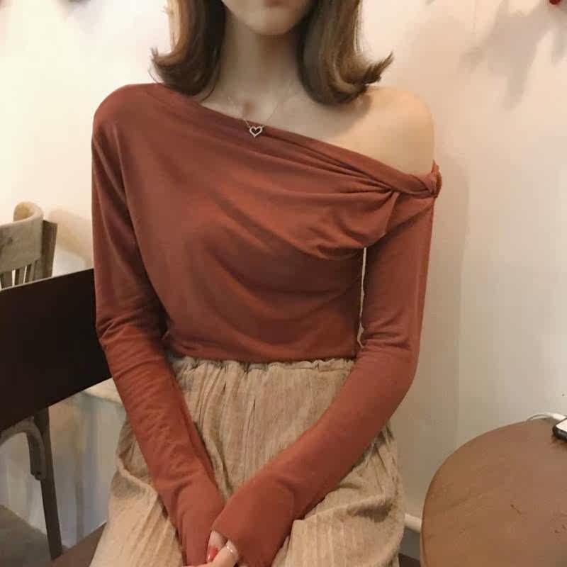 Korean version of the fall ch Self cultivation Versatile unilateral strapless Oblique collar Long sleeve Solid Socket Primer T-shirt jacket teein the Women's clothing/Boutique , T-shirt  category - from Buy2taobao.com to provide professional Taobao agent buy service