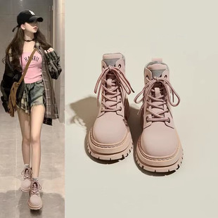 【明星同款】厚底马丁靴女款春秋新款小个子高级感粉色内增高短靴