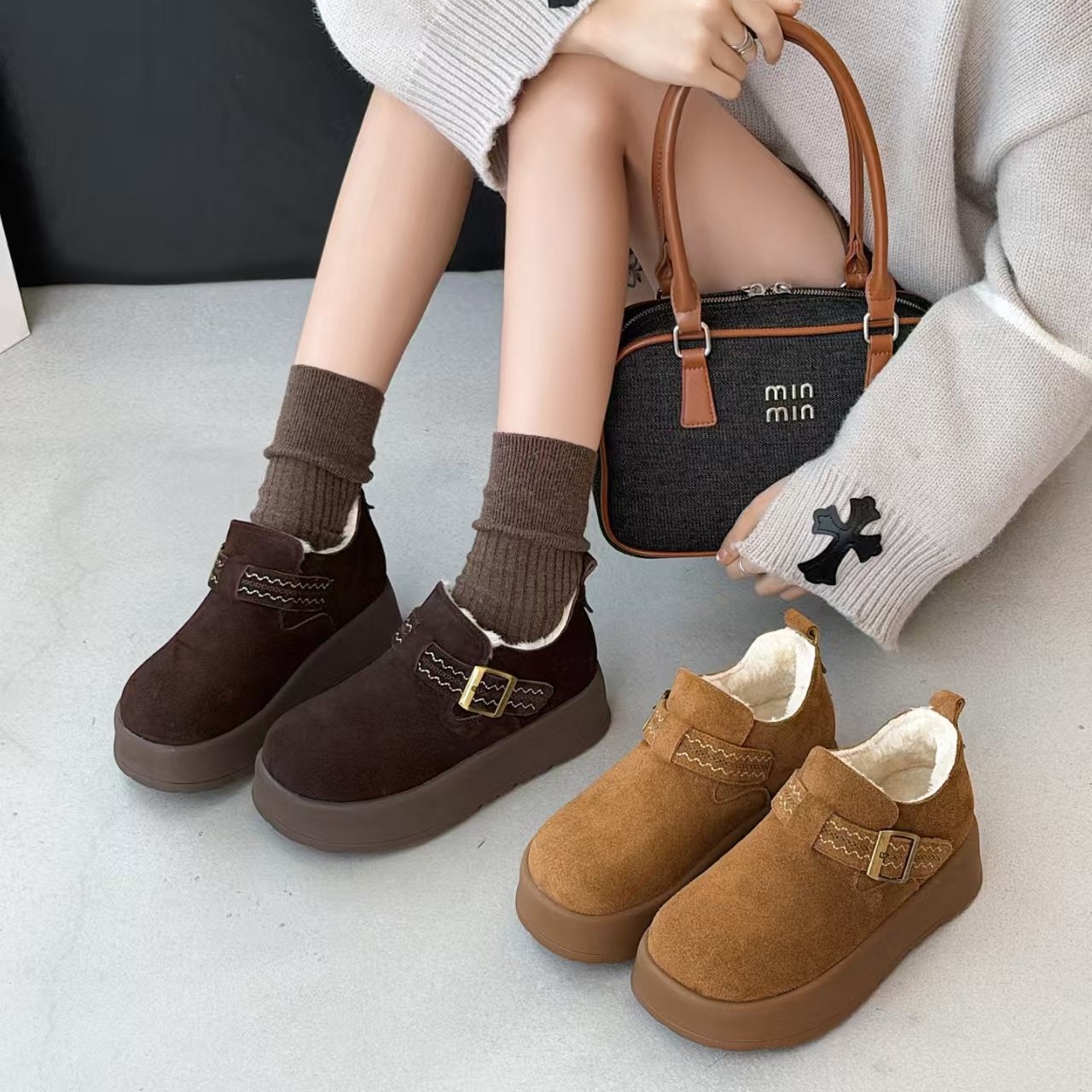 真皮复古德训鞋女2025秋冬款真皮加绒加厚保暖毛毛鞋厚底休闲棉鞋