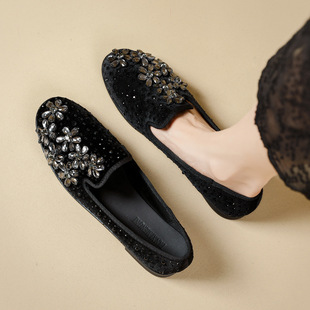 4057-5 方头镶钻深口单鞋新款绝美国风平底瓢鞋配裙子大码豆豆鞋