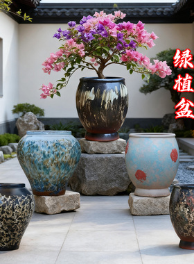 三角梅特大号花盆复古陶瓷家用酒店透气月季兰花多肉绿植大肚陶盆