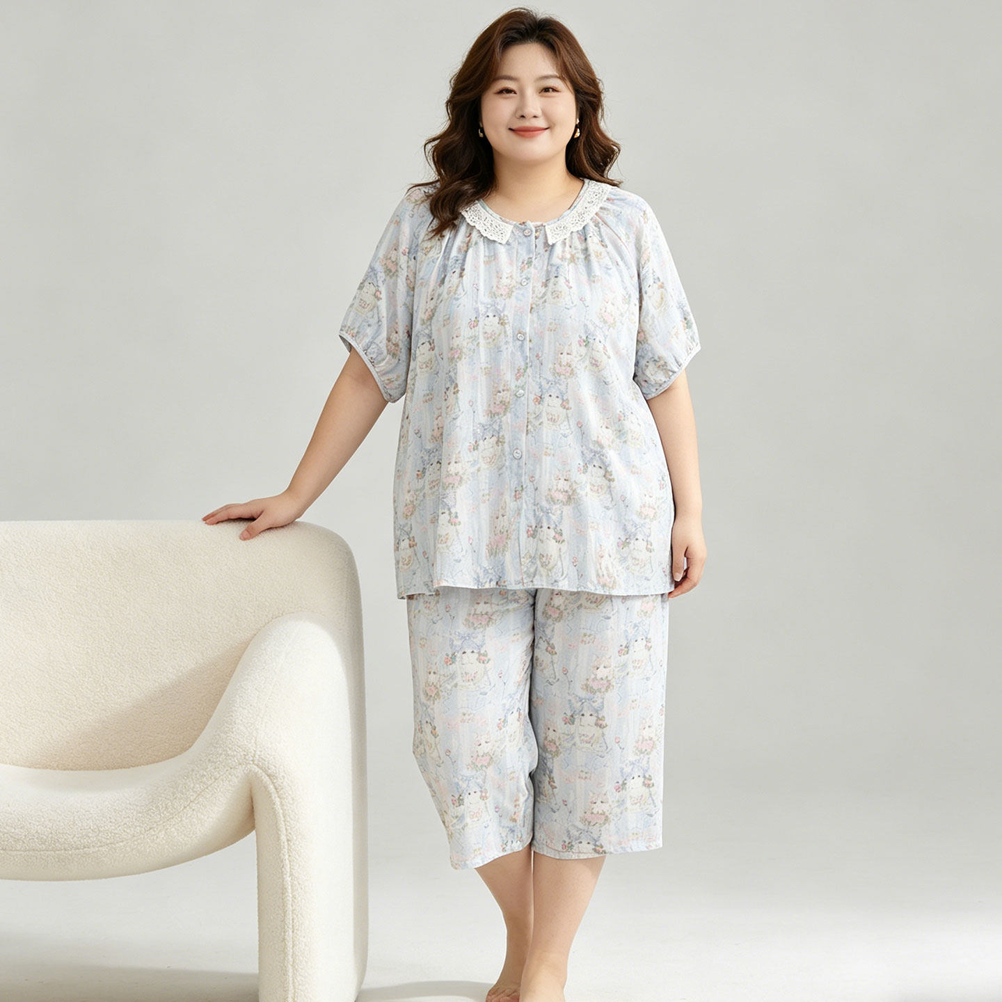 2026新款大码睡衣胖mm高级感蕾丝花边短袖棉纱家居服女200斤夏季
