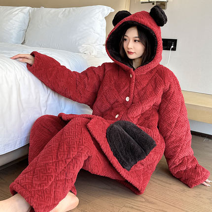 大码珊瑚绒加厚睡衣女款冬季三层夹棉加绒家居服胖mm200斤可外穿