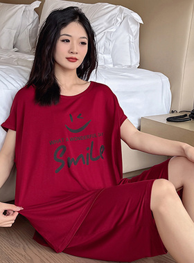 大码睡衣女夏款胖mm红色家居服200斤短袖T恤七分裤套装莫代尔薄款