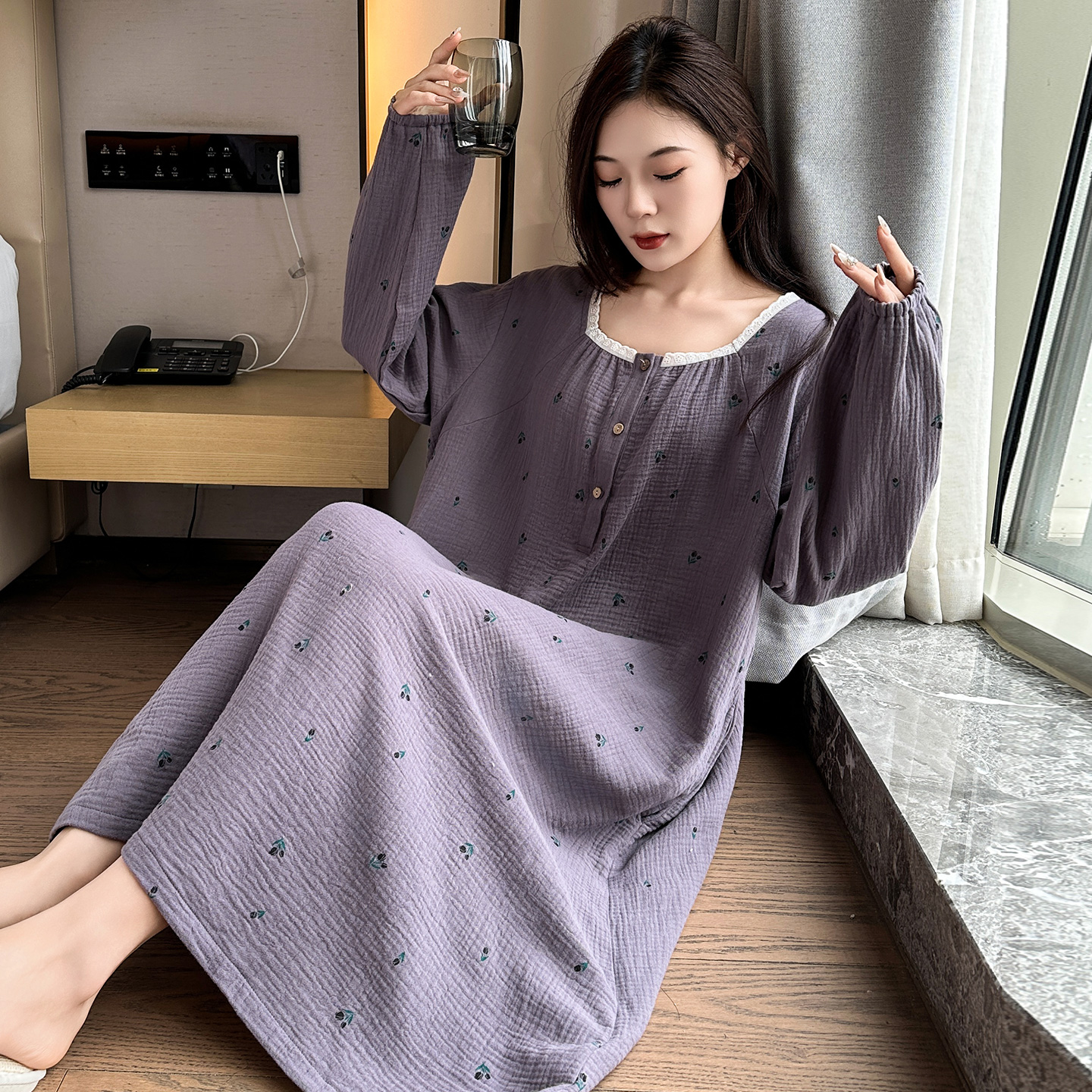 观昵纯棉纱布睡裙女大码200斤秋