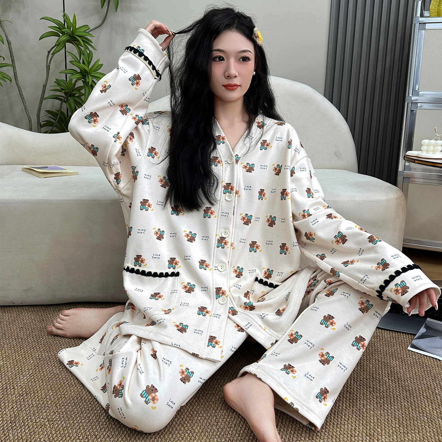 观昵冬季大码保暖女睡衣绵羊毛