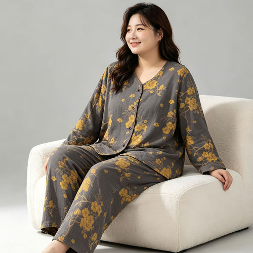 观昵双层棉纱睡衣女大码秋200斤