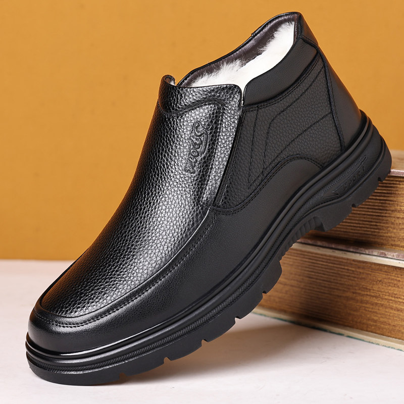 头层牛皮棉皮鞋男羊毛保暖休闲高帮中老年爸爸鞋冬季加绒老人棉鞋