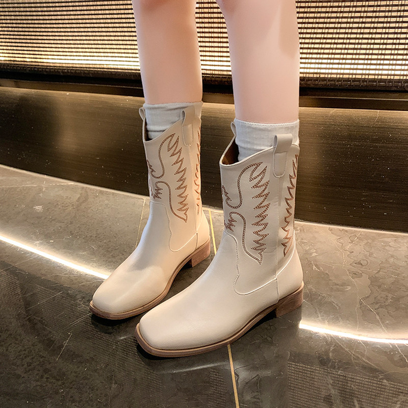 AMERICAN VINTAGE EMBROIDERY WESTERN COWBOY BOOTS WOMENS AUTUMN WINTER 2024 NEW V-MOUTH MID-BARREL RIDER BOOTS WORKWEAR MARTIN BOOTS