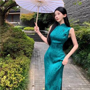 【孔雀蓝绿】显白新中式港工提花缎面旗袍国风立领盘扣连衣裙清冷