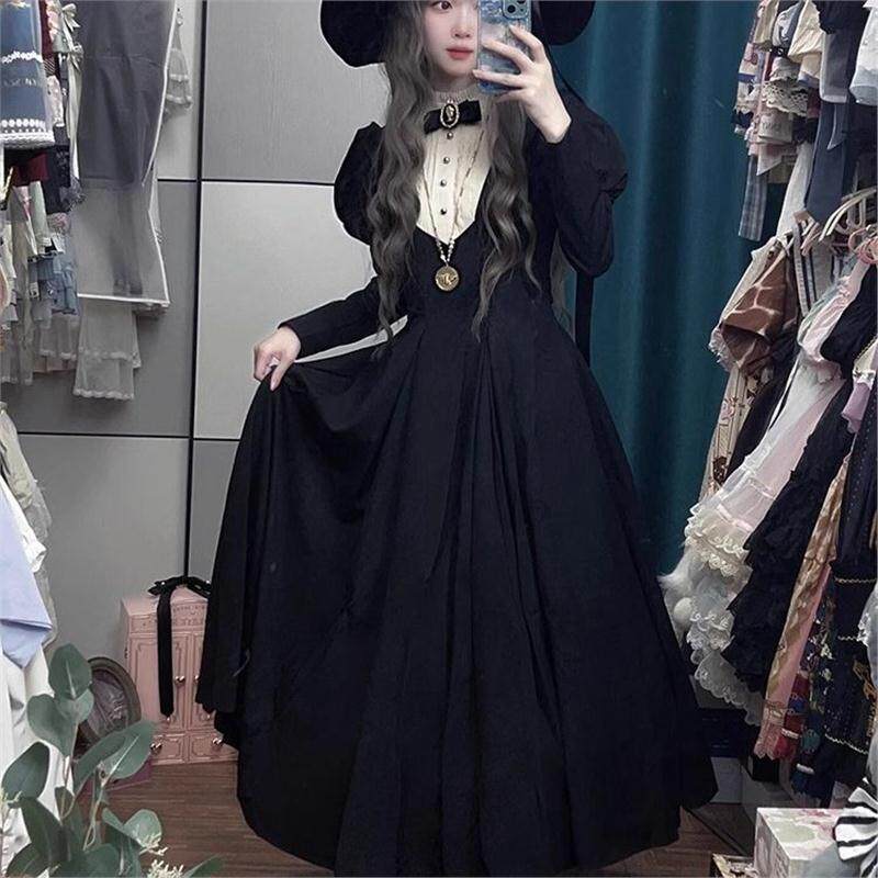 圣诞战袍cos哥特暗黑风Lolita修女黑色长款收腰洛丽塔连衣裙秋冬