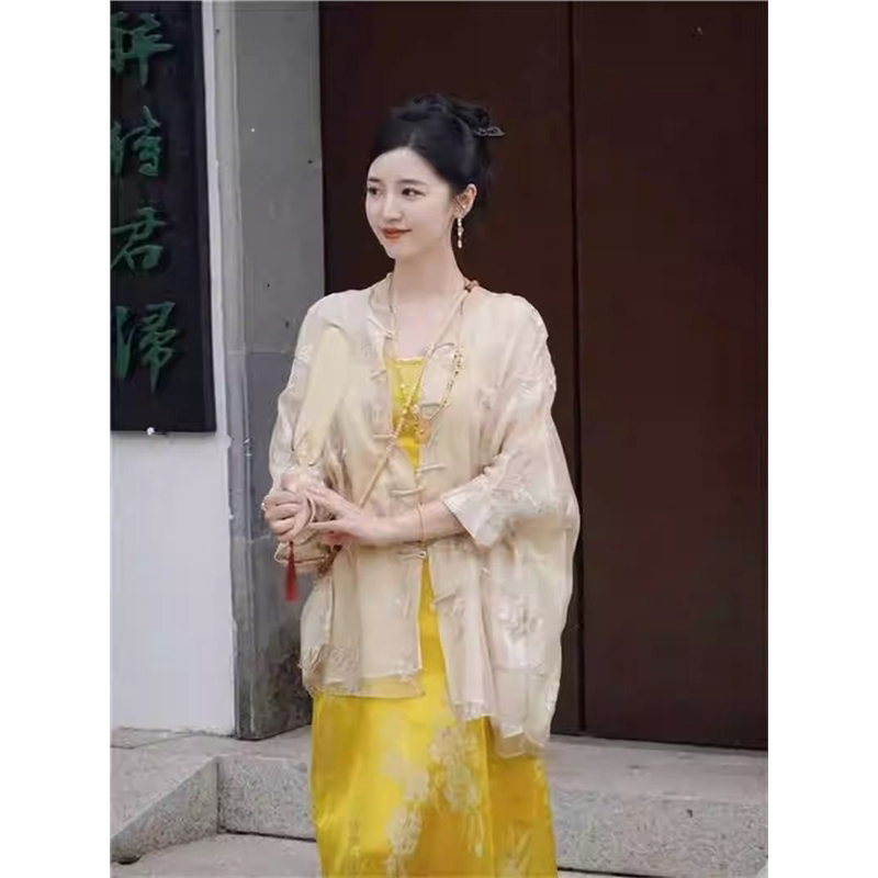 2025夏季新款新中式国风禅意女装高端唐装上衣黄色连衣裙套装女