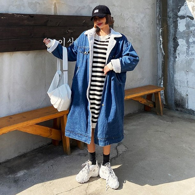 中长款宽松羊羔毛加厚牛仔外套女大码加绒加厚棉服学生休闲棉衣冬