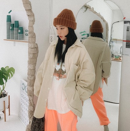 韩版宽松bf慵懒风加厚灯芯绒衬衫外套女中长款大码oversize衬衣潮