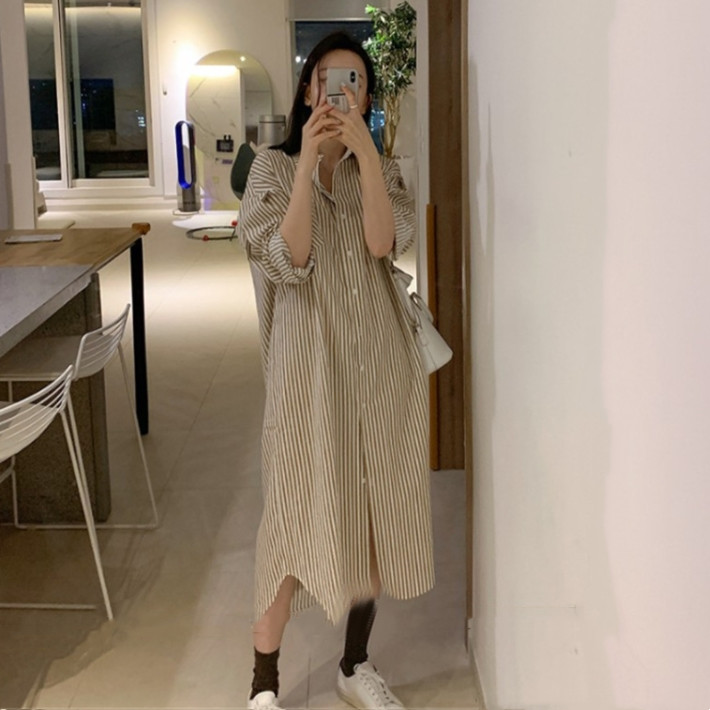 春秋新款宽松长袖条纹衬衫连衣裙女中长款大码过膝显瘦休闲衬衫裙