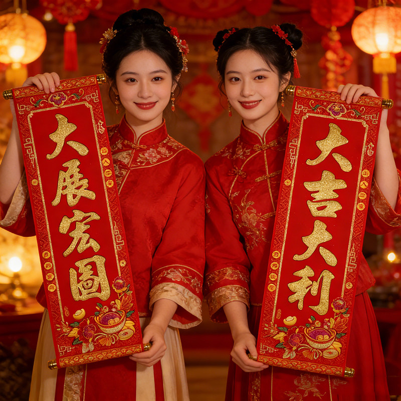 手持对联2026马年新款新年装饰挥春春节手拿四字春联挂轴舞台表演