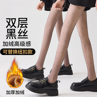 性感加绒黑丝女秋冬双层黑色丝袜加厚波点黑透肤连裤 袜光腿打底裤