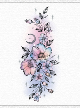 粉蓝渐变月亮花卉防水遮疤纹身贴