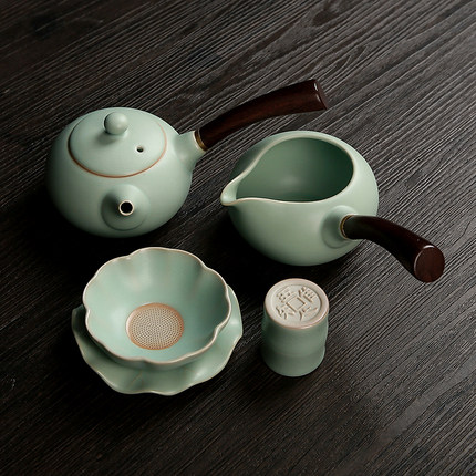 轻奢汝窑茶壶功夫茶具侧把壶公道杯茶漏全瓷中式复古冰裂开片汝瓷