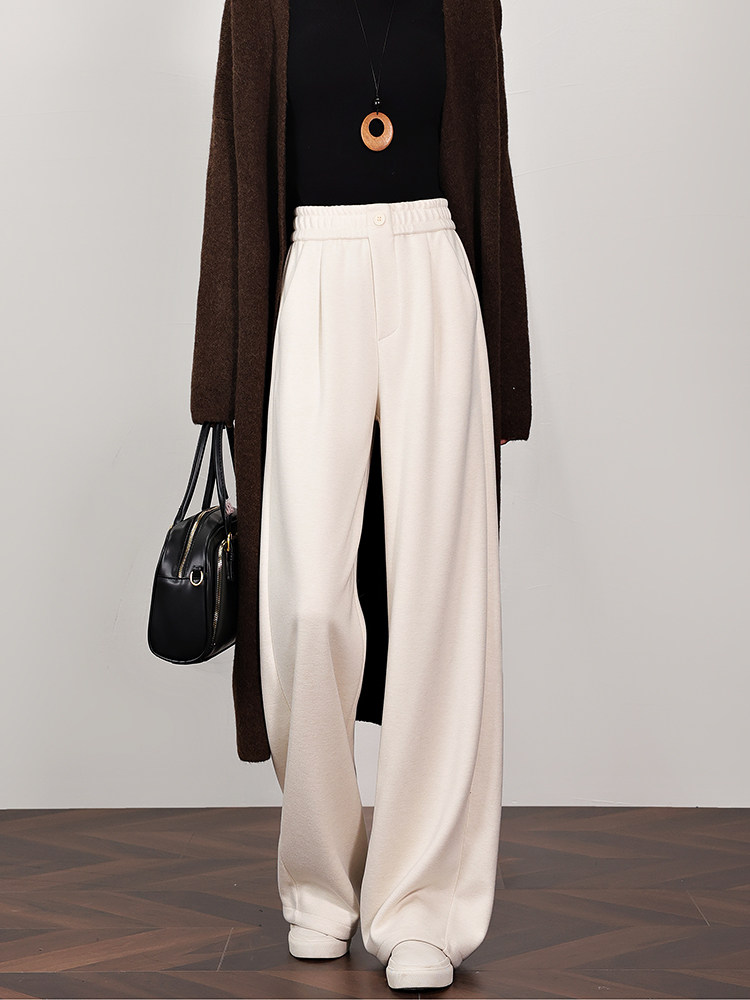 白色加绒加厚阔腿裤女秋冬高腰宽松高级软糯羊毛垂感直筒休闲裤子