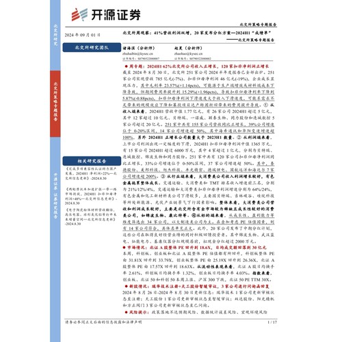 北交所策略专题报告-北交所周观察：41%25营收利润双增，20家发布分红方案-2024H1“成绩单”-240901-开源证券-17页数据分析报告
