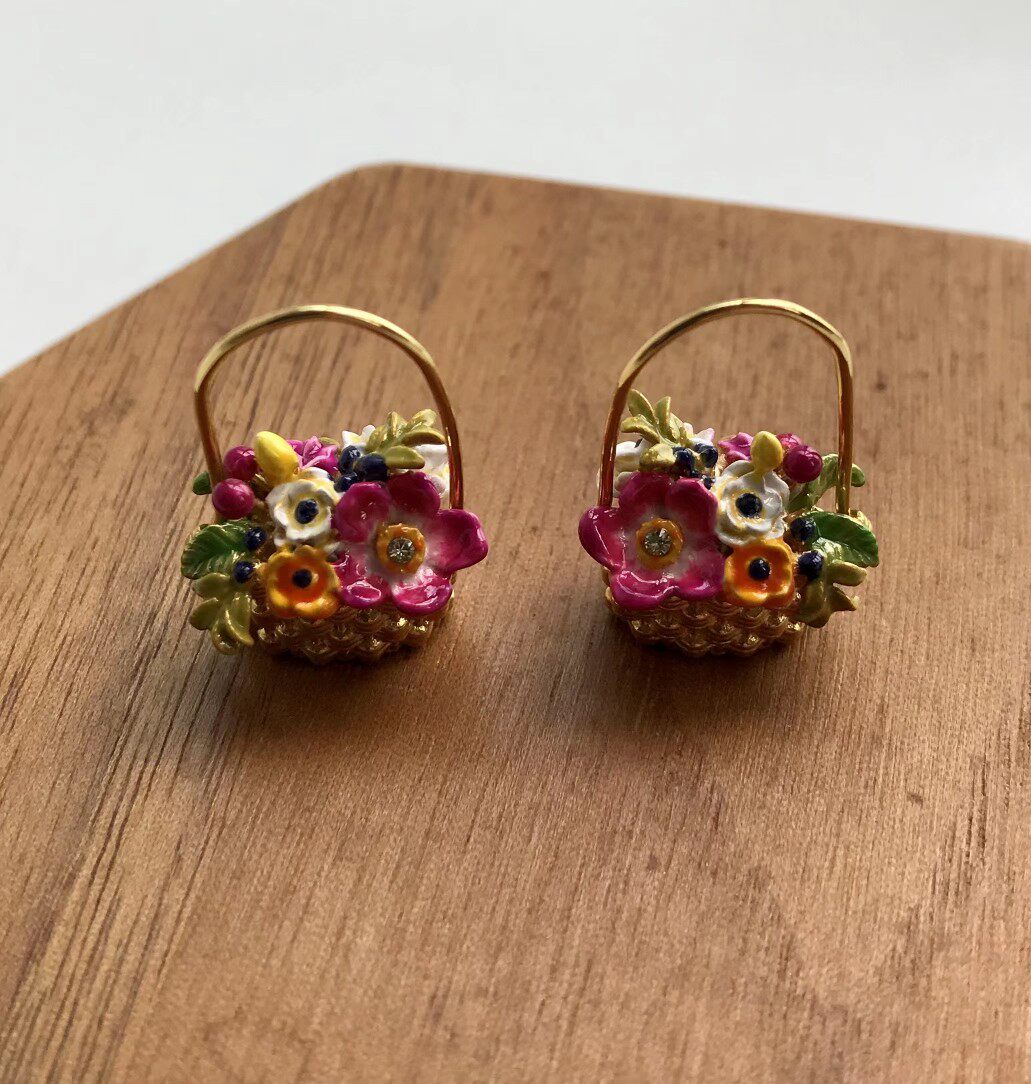 法国设计师珐琅釉彩小花园精致花篮鲜花水果葡萄耳环浪漫新款唯美