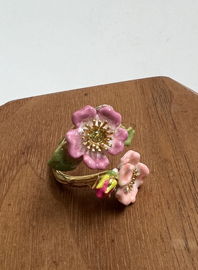 法国原创设计新款珐琅釉彩伊丽莎白玫瑰粉花戒指送女友精致高雅