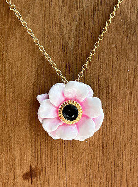 法国原创设计新款粉色芍药牡丹花瓣宝石项链珐琅釉彩送女友