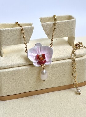 独立原创设计手绘珐琅釉彩蝴蝶兰白花项链送女友精美新款时尚个性