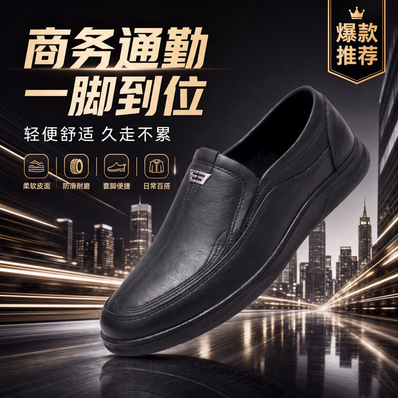 防水防滑男式雨鞋 一脚蹬轻便耐磨厨房工地工作鞋 黑色皮面套脚鞋