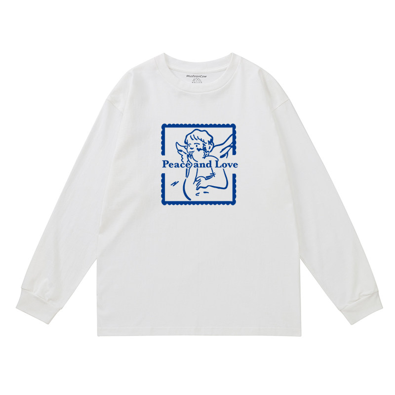 mushroncow爱与和平 秋季学生t恤长袖宽松纯棉百搭男女上衣打底衫