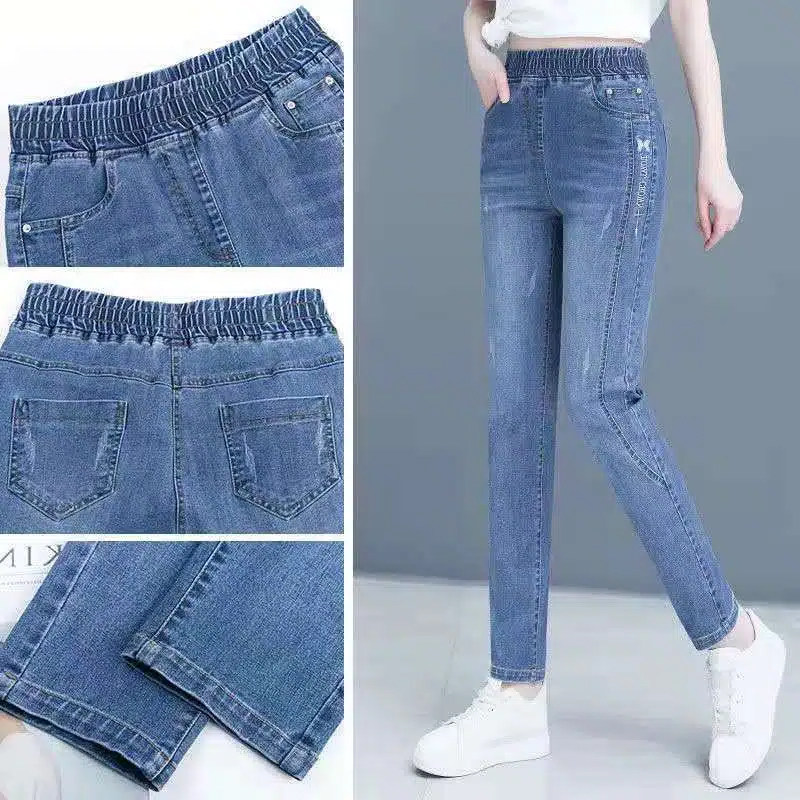 小个子松紧腰小脚哈伦牛仔裤女士春秋装2023新款高腰直筒弹力长裤