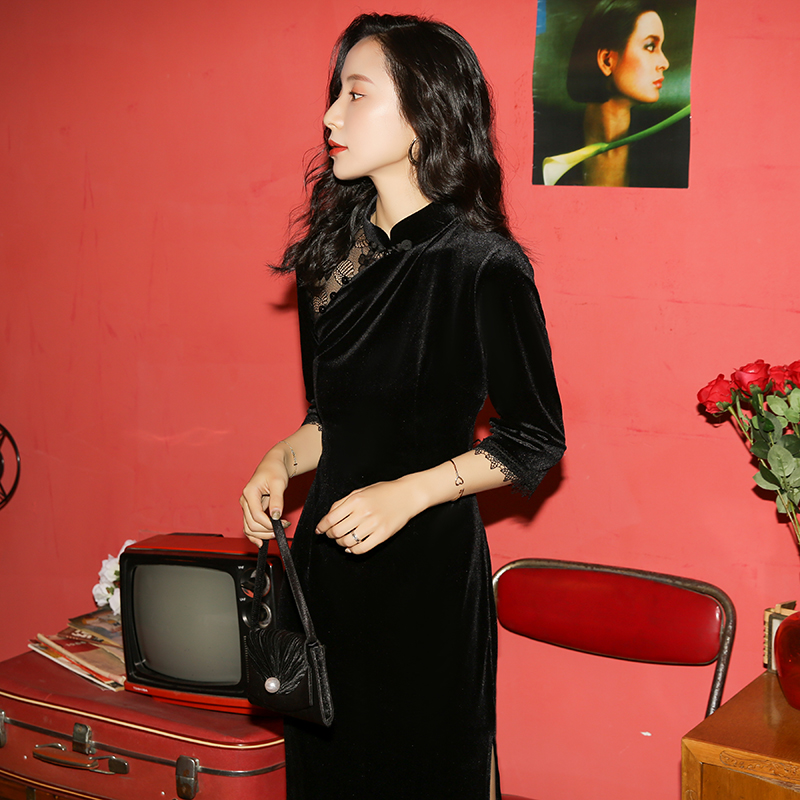 蕾丝黑色长款旗袍女年新款中国风复古老上海气质优雅连衣裙秋