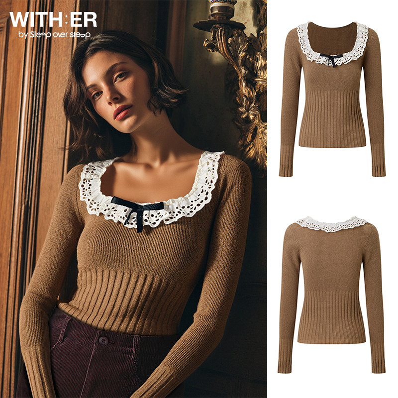 SleepOverSleep法式副牌WITH:ER驼色荷叶边大方领长袖针织上衣